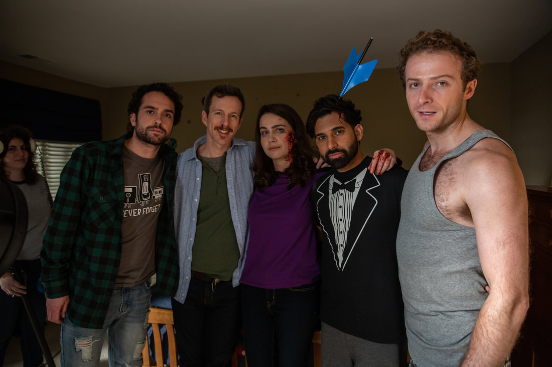 Michael Ford, Theo Copeland, Cecelia Auerswald, Saad Siddiqui, Byron Clohessy cast photo on set of Hide or Seek film